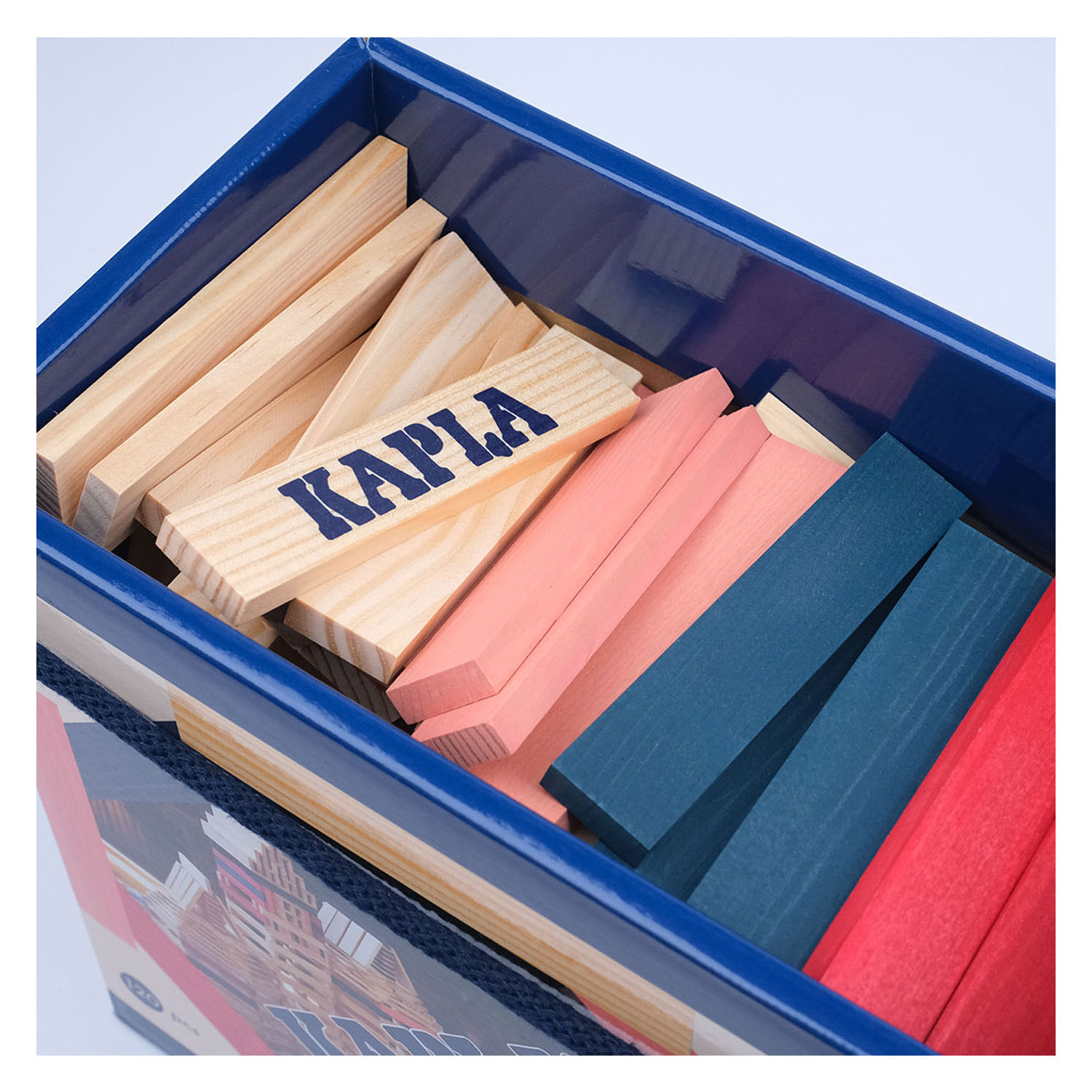 Kapla, Box mit 120 farbigen Planken – Blau/Rosa/Rot