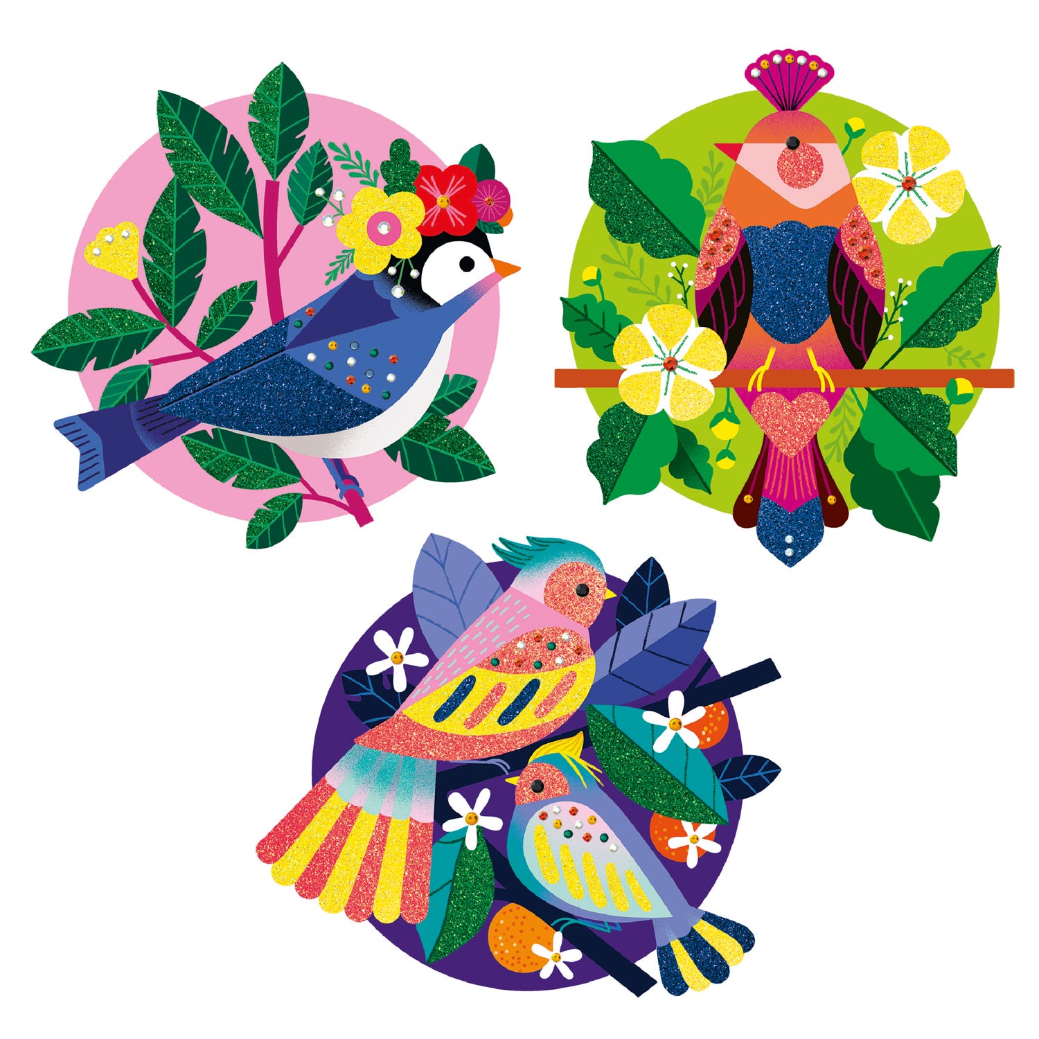 Djeco dekoriert Vögel mit Pailletten