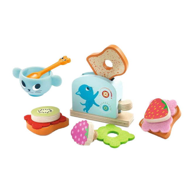 Djeco Kitten Breakfast Ensemble de nourriture en bois pour petit-déjeuner, 12 pièces.