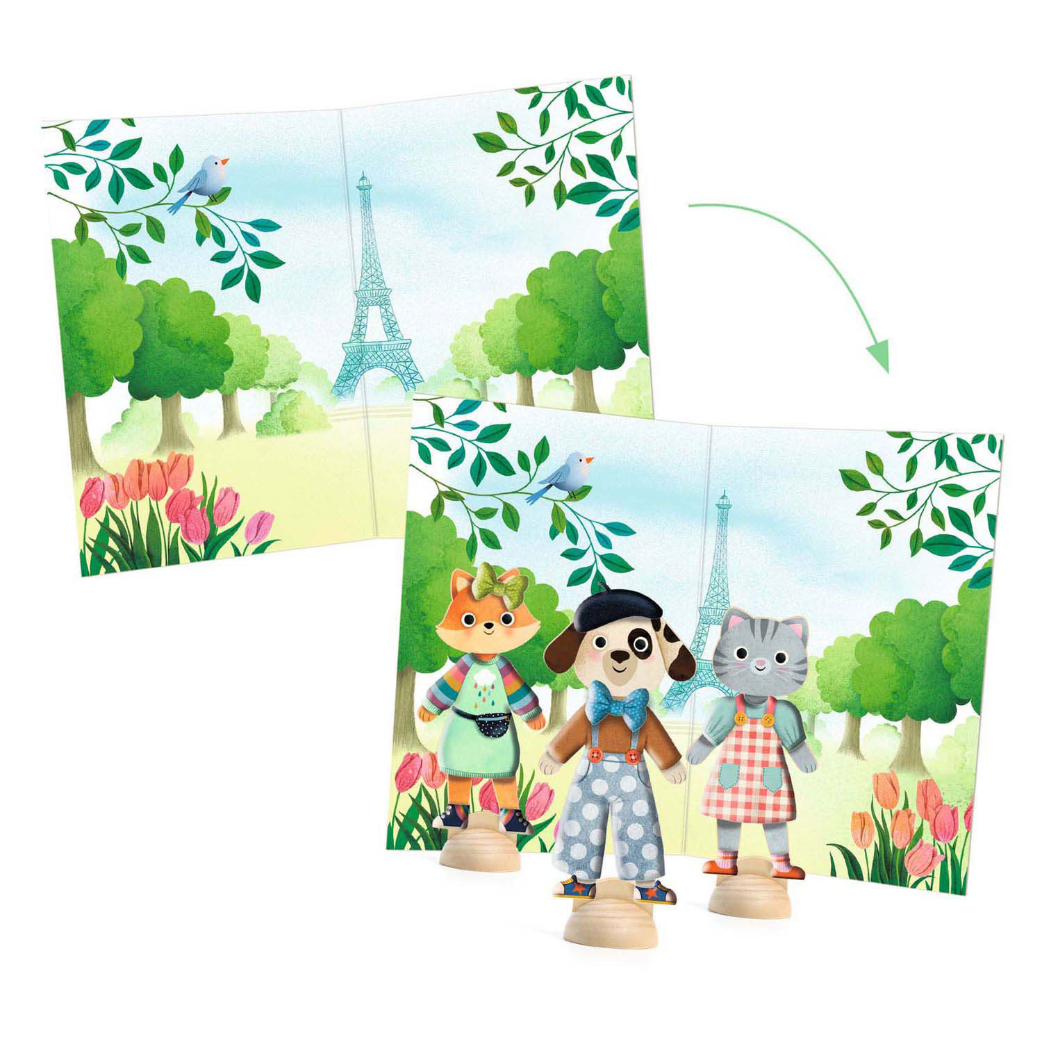 Djeco „Bonjour Paris“ Katzen-Ankleidepuppen mit Aufklebern