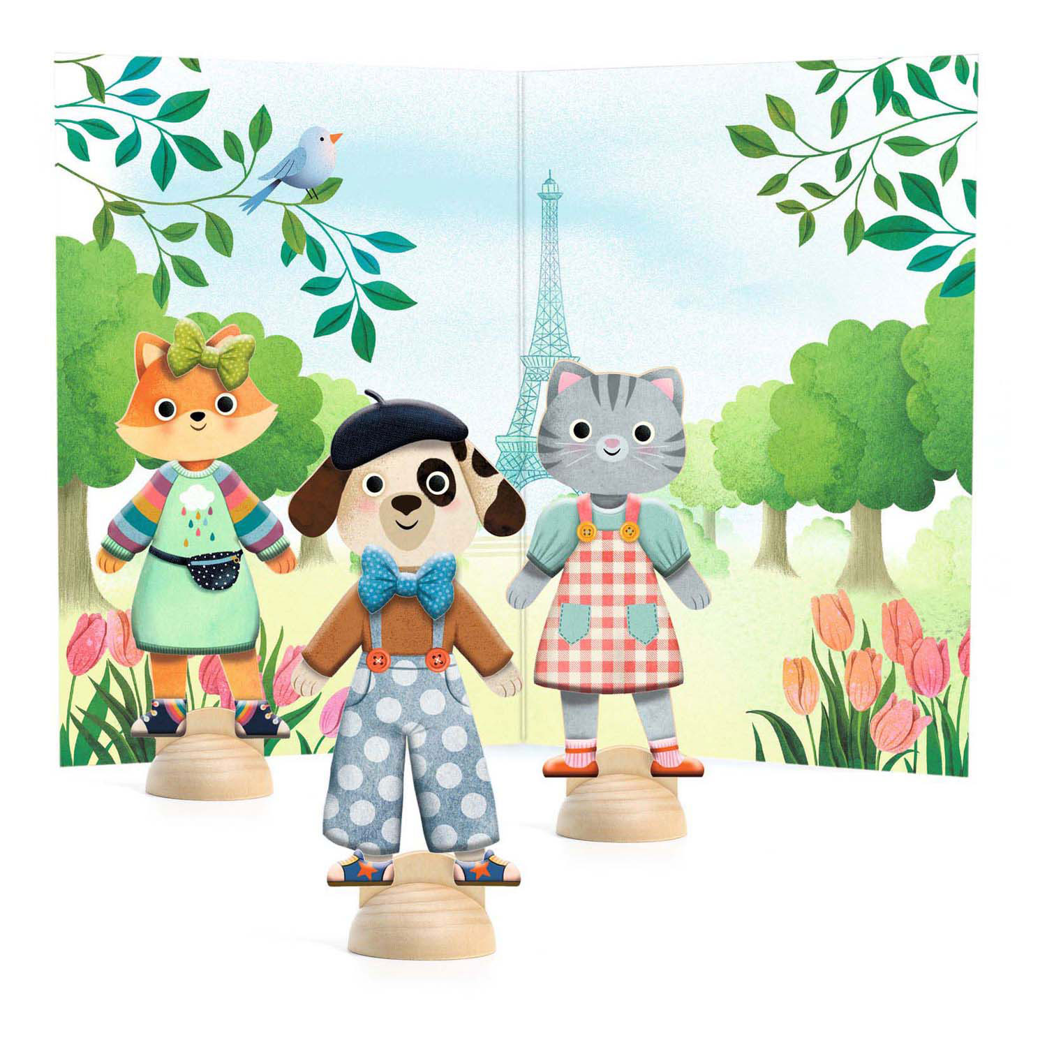 Djeco „Bonjour Paris“ Katzen-Ankleidepuppen mit Aufklebern