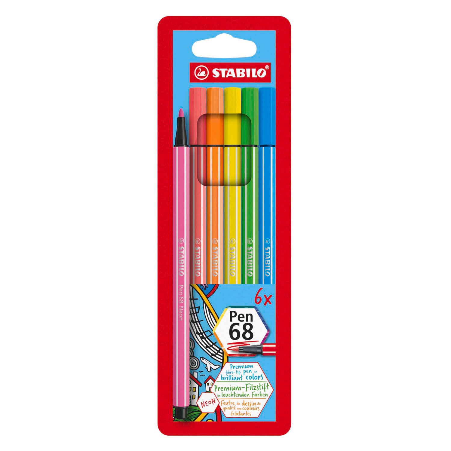 STABILO Pen 68 - Viltstift - Set met 6 Fluoriserende Stuks