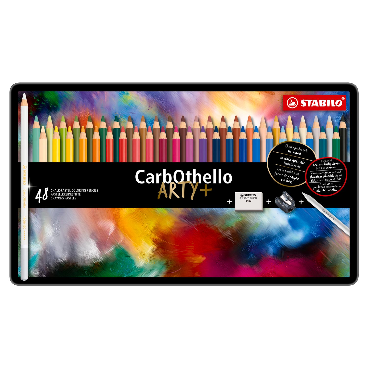 STABILO CarbOthello - Kalkpastel Kleurpotloden - Metalen Etui - 48 Kleuren - Speciale Puntenslijper - Kneedgum En Doezelaar