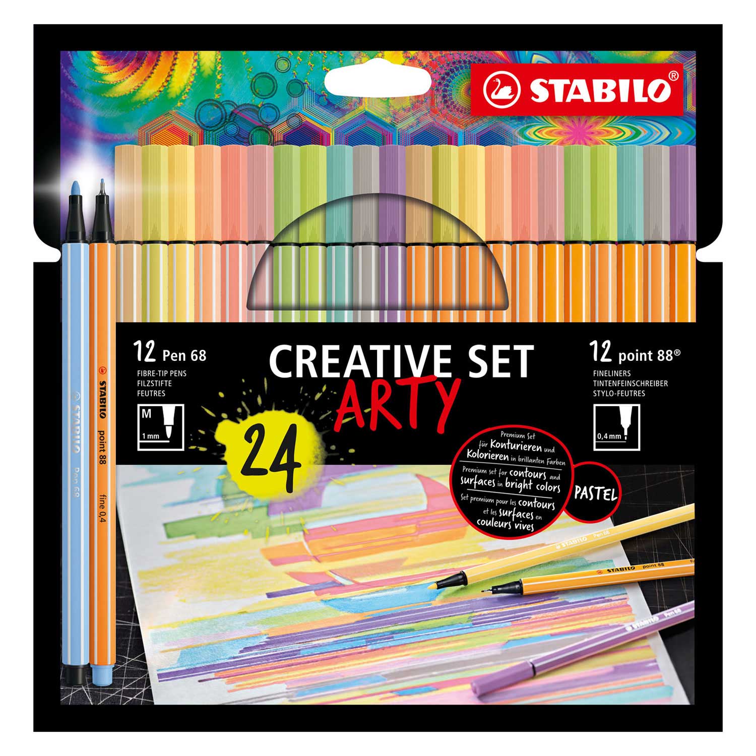 STABILO Creative Set - Pen 68 & Point 88 Pastel - ARTY - Trousse Combi 24 Pièces
