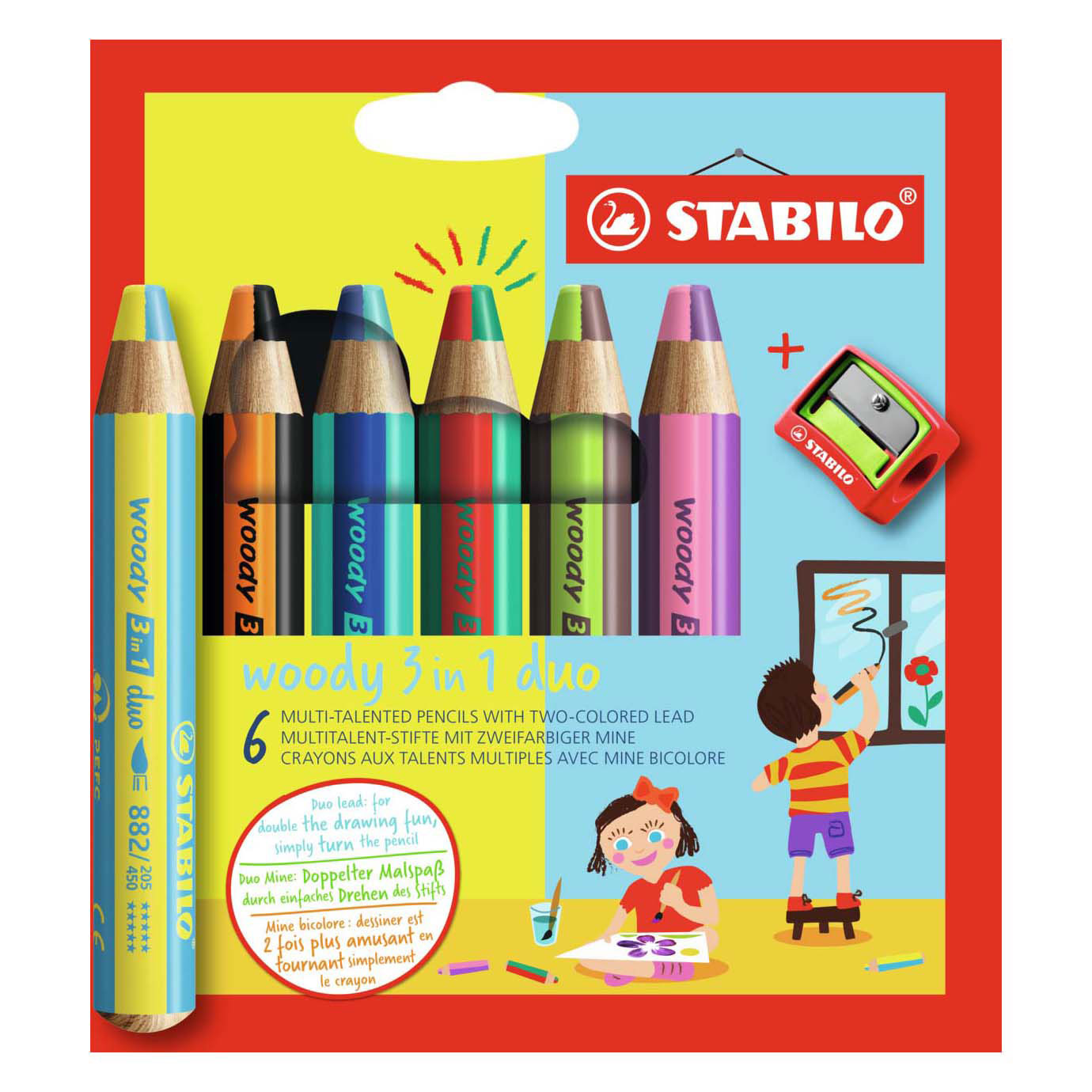 STABILO woody 3 in 1 Duo - Multitalent Kleurpotlood - Set 6 St. + Puntenslijper