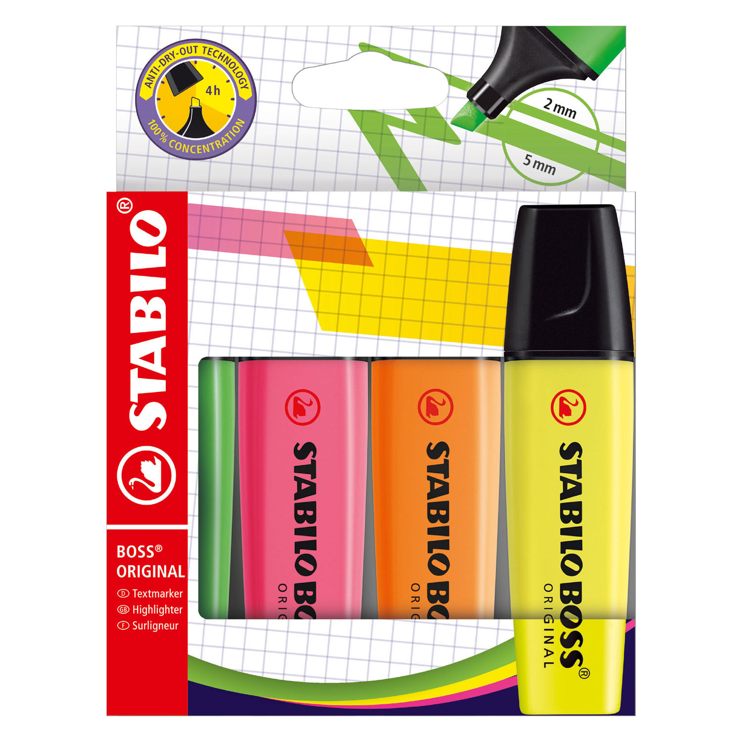 STABILO BOSS ORIGINAL - Markeerstift - Set Met 4 Stuks