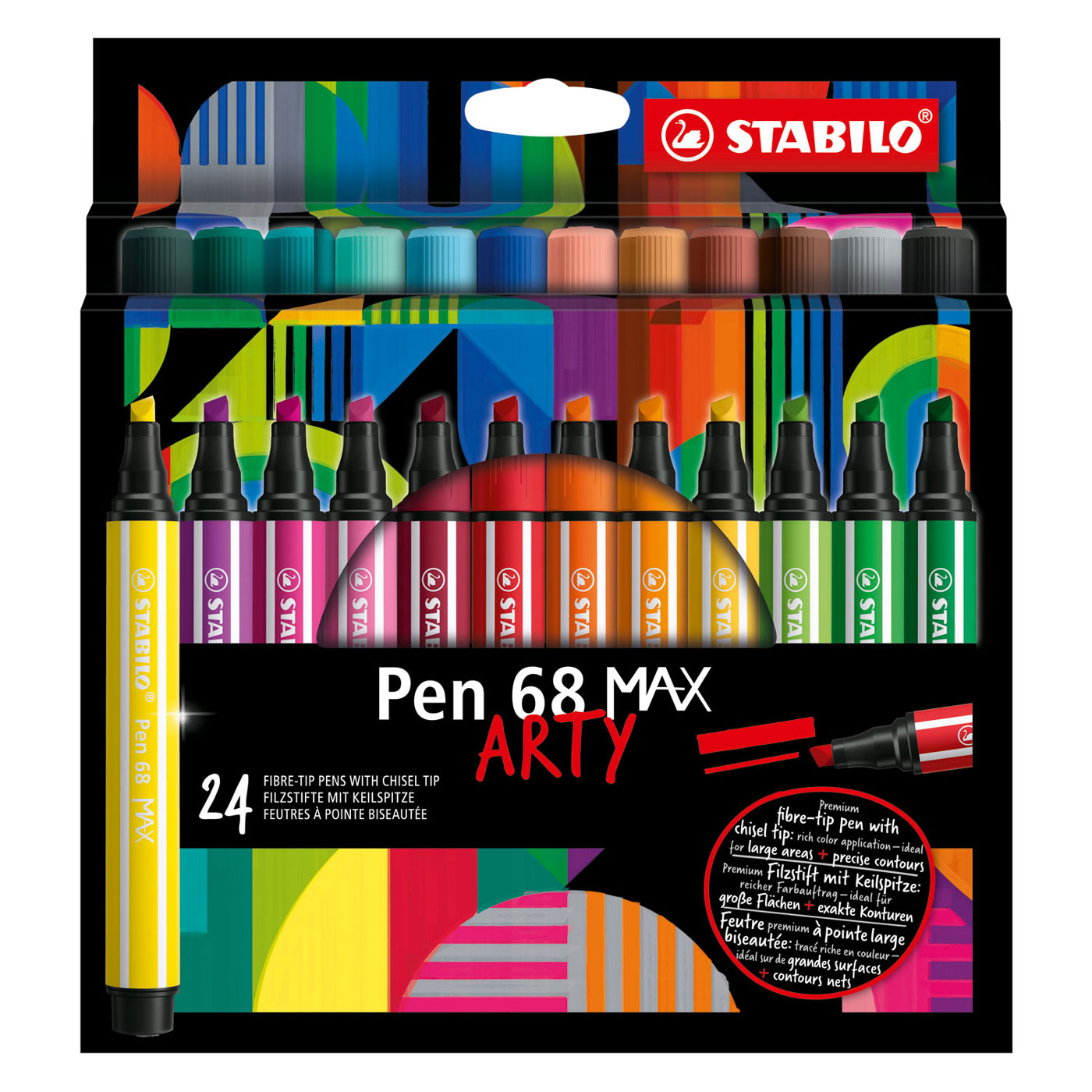 STABILO Pen 68 MAX ARTY - Feutre à pointe biseautée épaisse - Lot de 24 pièces
