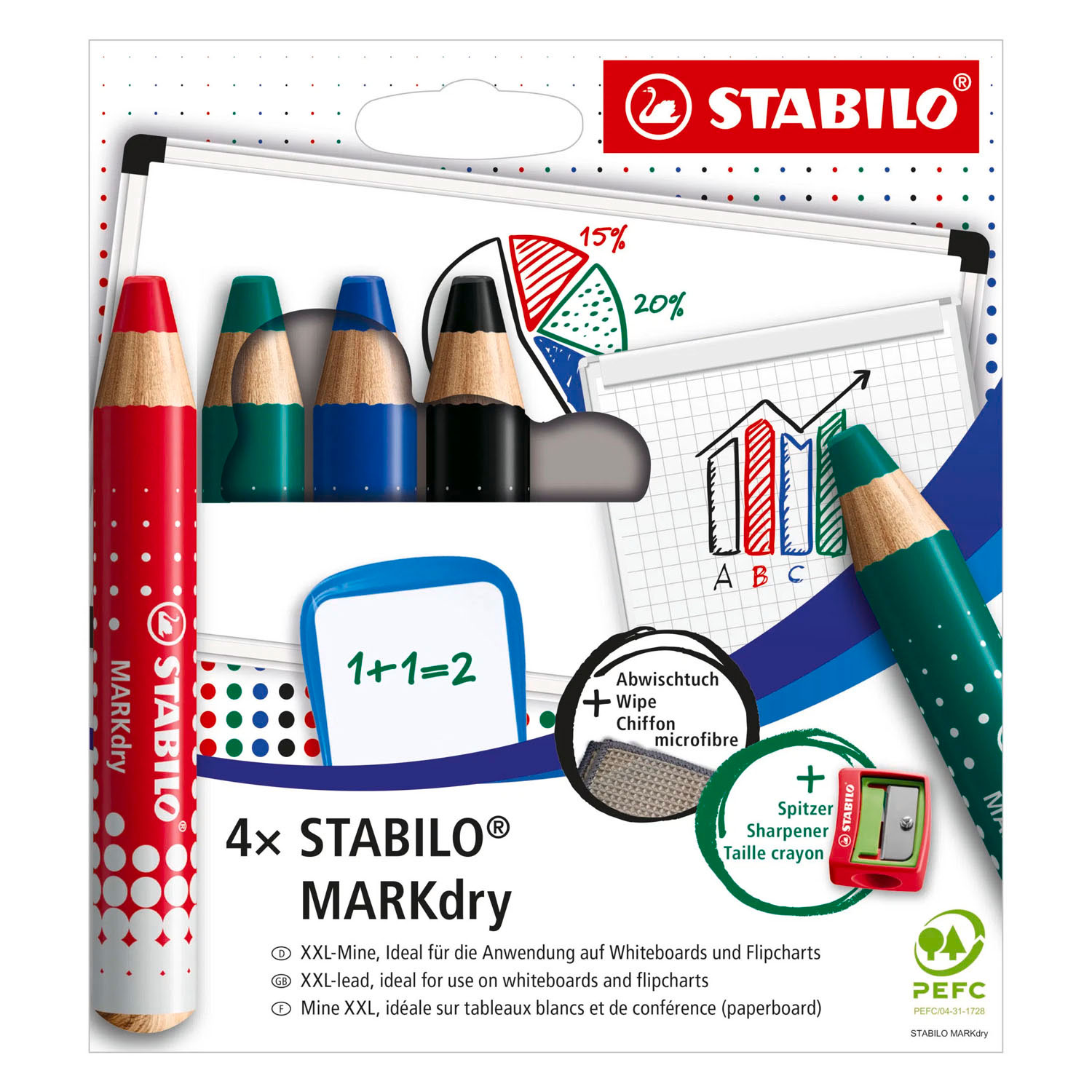 STABILO MARKdry - Ensemble de 4 crayons pour tableau blanc, taille-crayon et chiffon de nettoyage