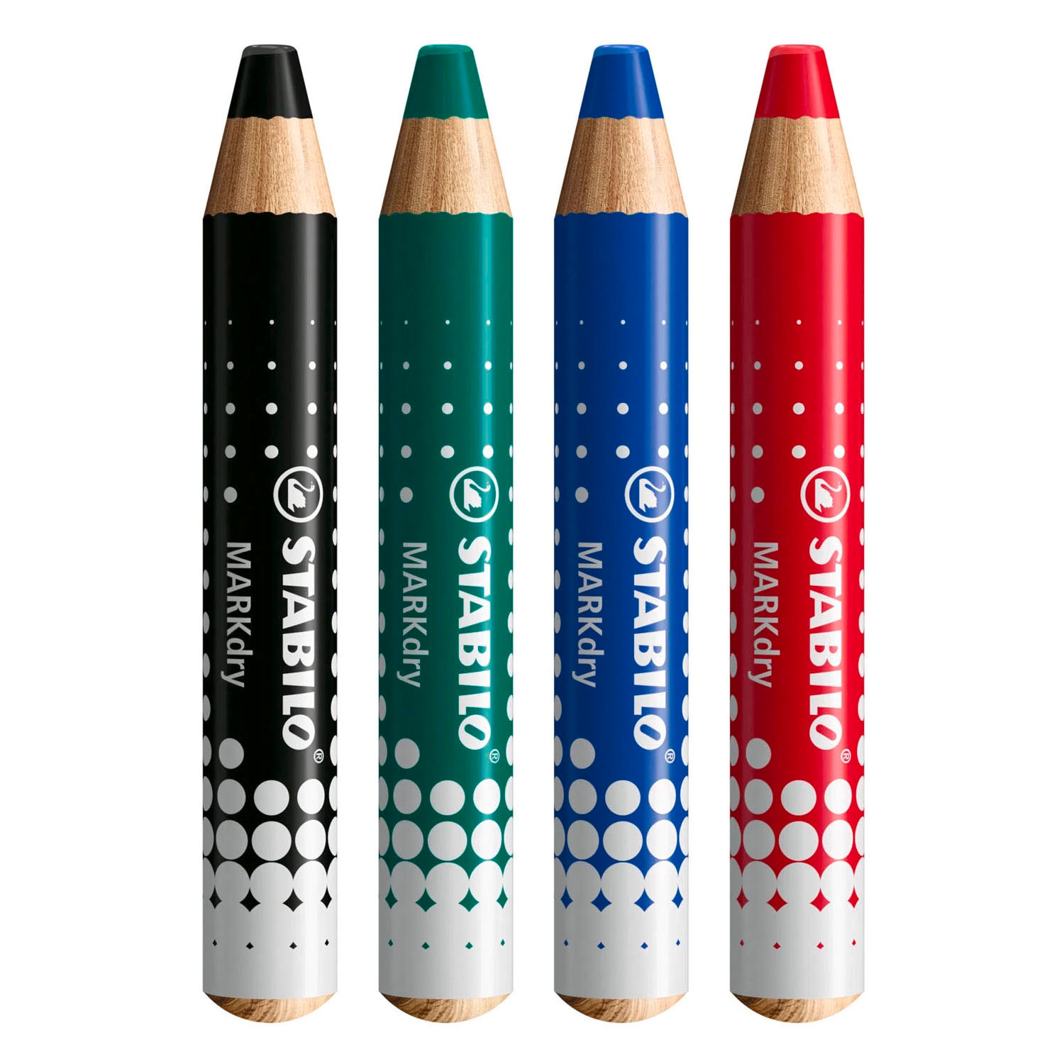 STABILO MARKdry - Ensemble de 4 crayons pour tableau blanc, taille-crayon et chiffon de nettoyage