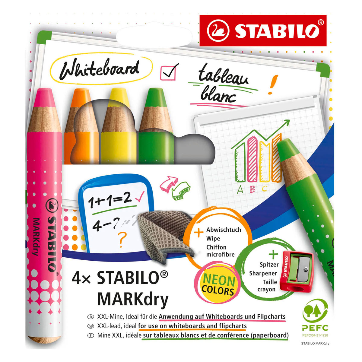 STABILO MARKdry NEON - Ensemble de 4 crayons pour tableau blanc, taille-crayon et chiffon de nettoyage