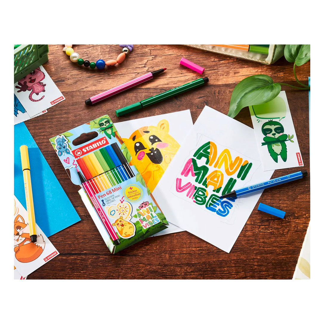 STABILO ANIMAL VIBES Pen 68 MINI Viltstiften - 8dlg. met Sticker