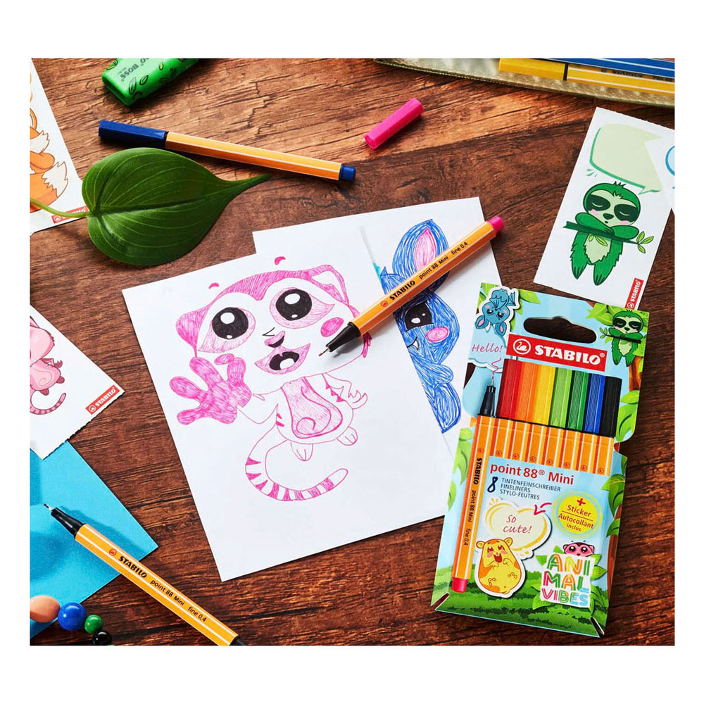 STABILO ANIMAL VIBES point 88 MINI Fineliners - 8dlg. met Sticker