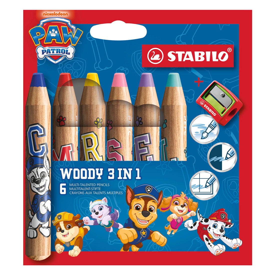 STABILO Woody 3 in 1 Kleurpotloden + Slijper PAW Patrol  - 6st.