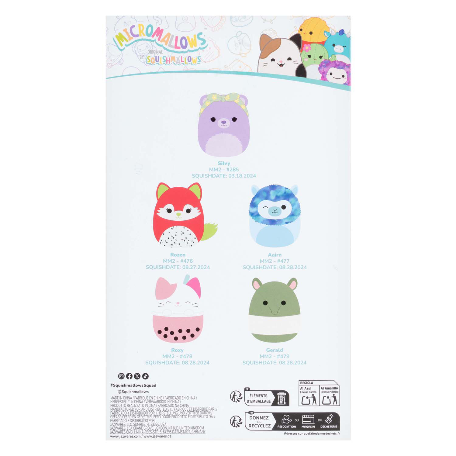 Squishmallows Knuffel Pluche - Micromallows Silvy, Rozen, Aarin, Roxy, Gerald - 5dlg.