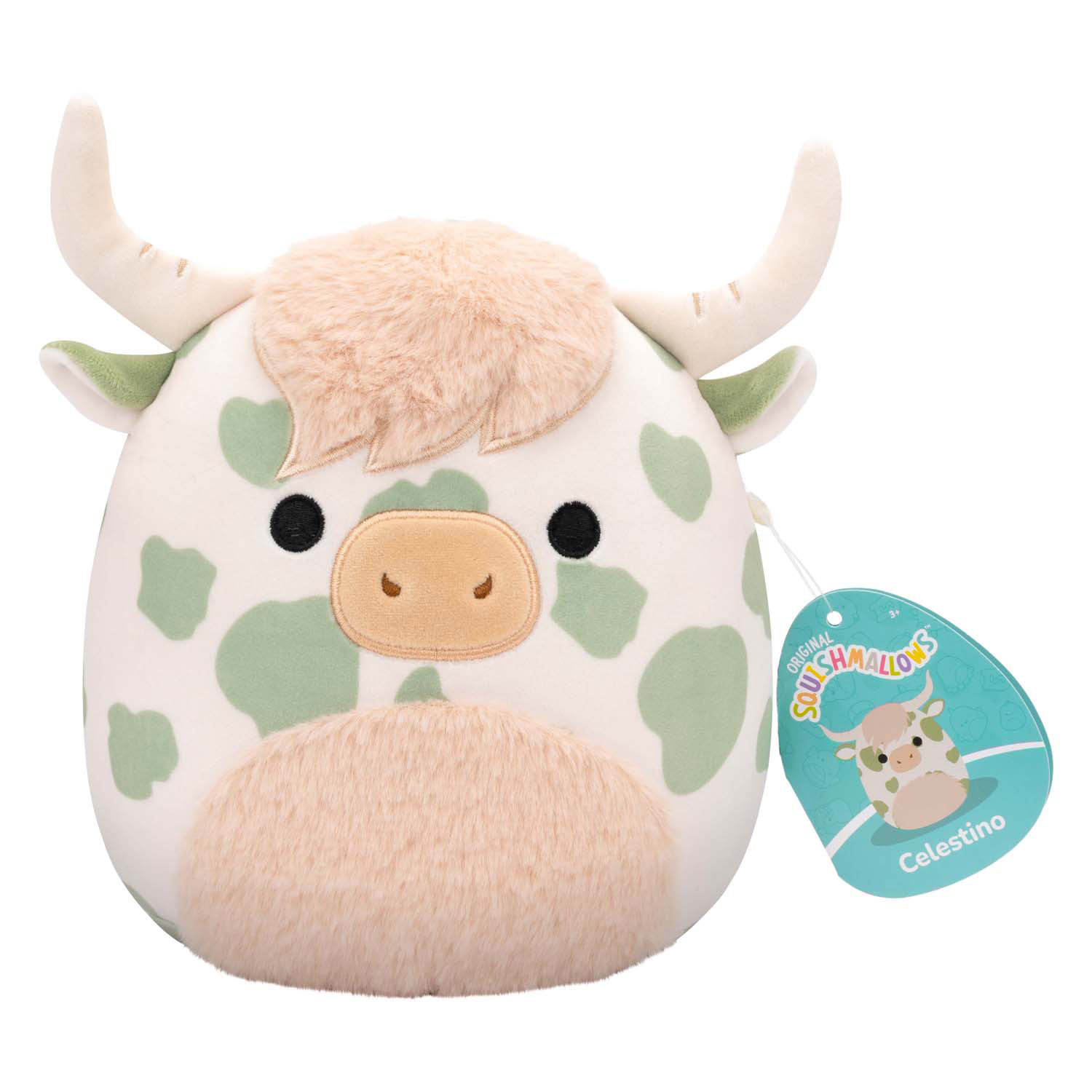 Squishmallows Knuffel Pluche - Celestino the Sage Green Spotted Highland Cow - 19cm