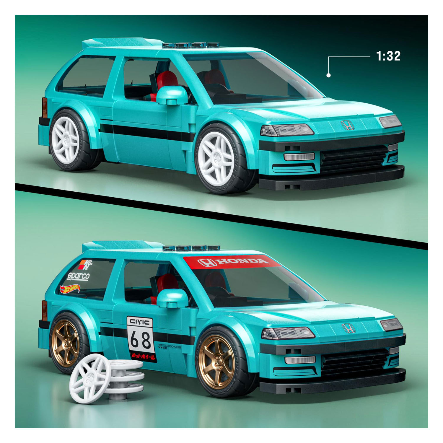 Hot Wheels Brick Shop Speed ​​Series Custom Honda Civic EF 1 Bouwset 1:32 - 248dlg.