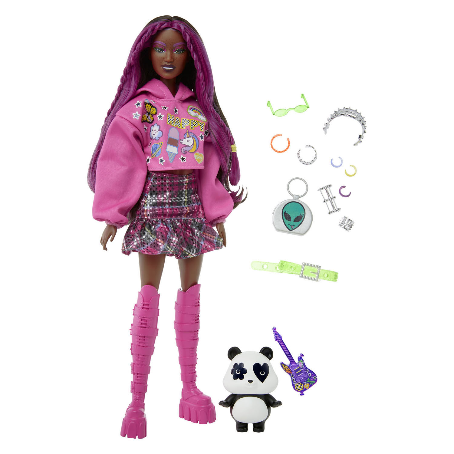 Barbie Extra Puppe mit rosa Haaren im Punk-Stil und Panda