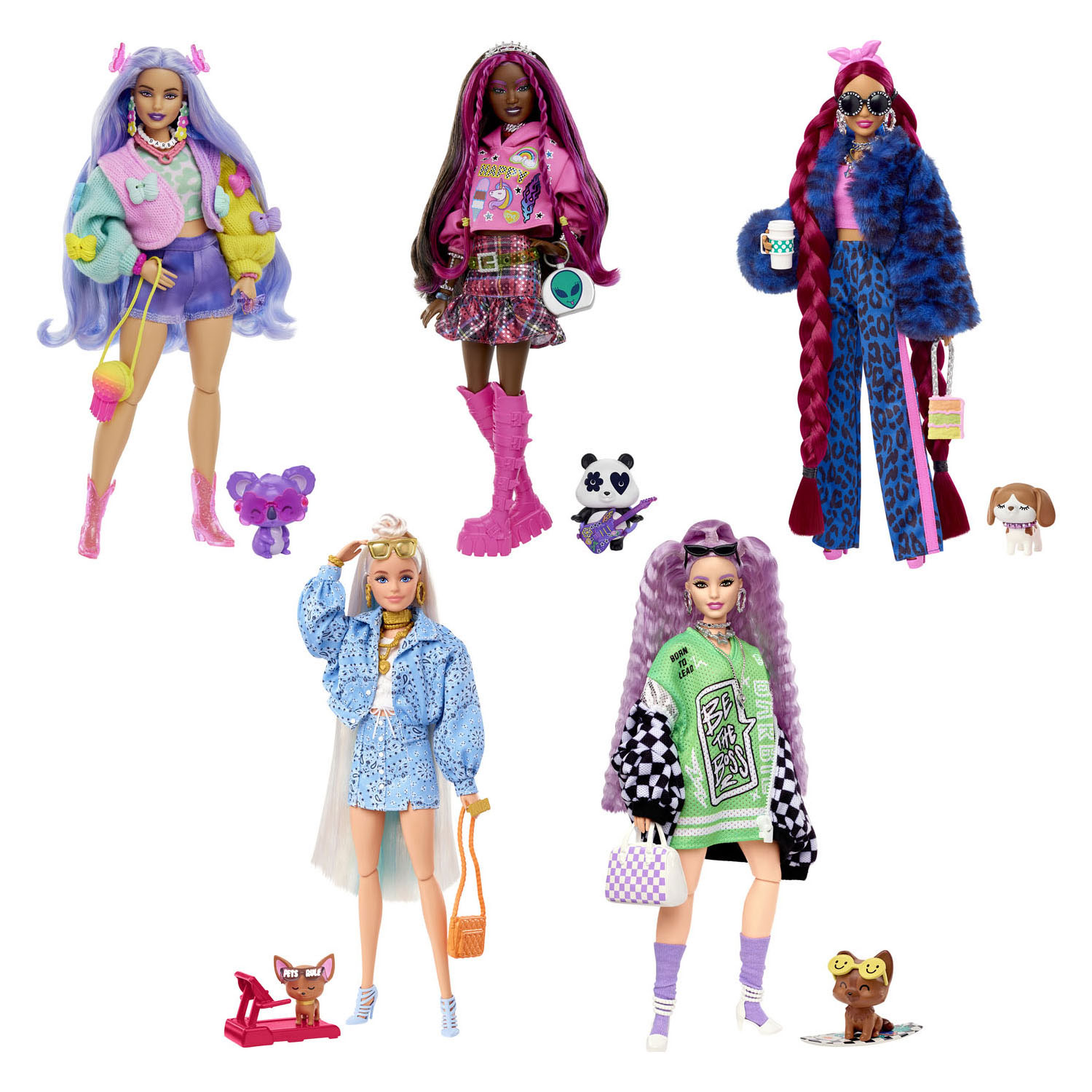 Barbie Extra Puppe mit rosa Haaren im Punk-Stil und Panda