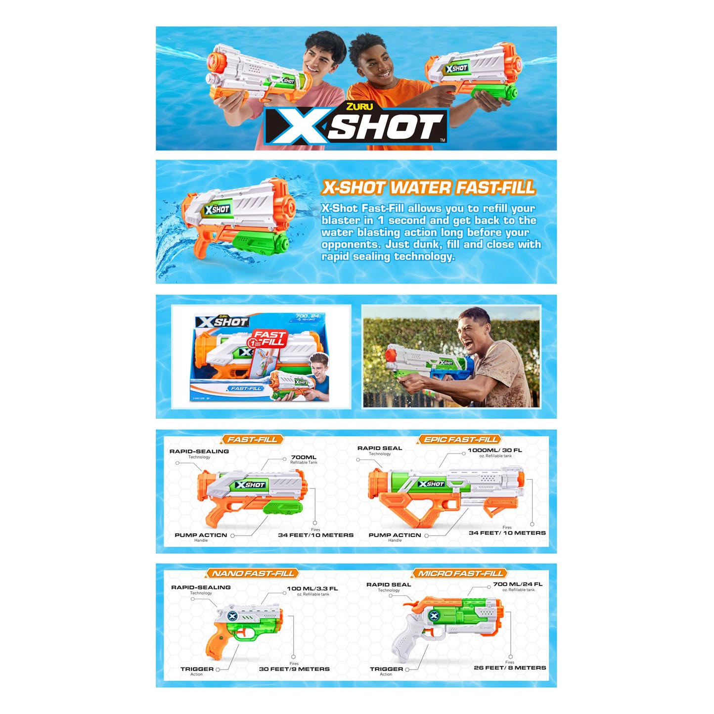 ZURU X-Shot Wasserpistole, schnell befüllbar, 700 ml