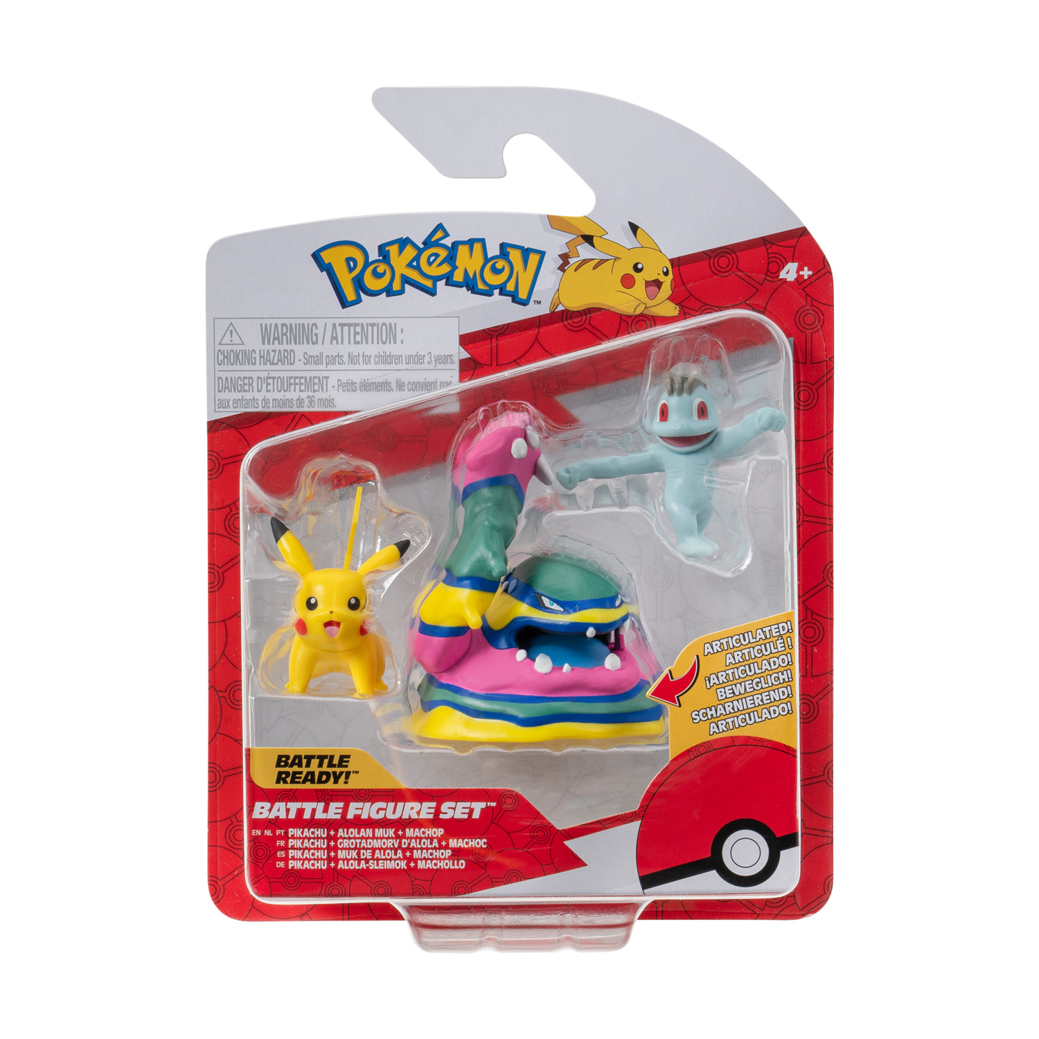 Ensemble de figurines Pokémon Batte - Machop, Pikachu, Alolan Muk, 3 pièces.