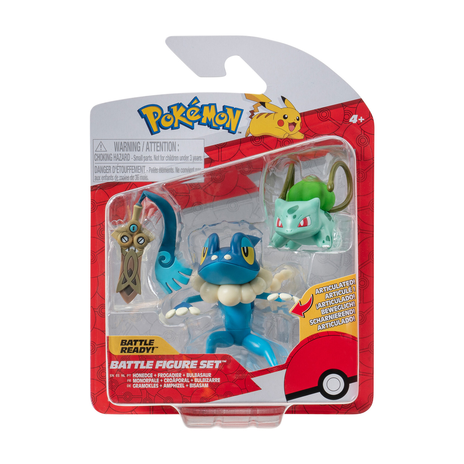 Ensemble de figurines Pokémon Batte - Honedge, Bulbasaur, Frogadier, 3 pièces.