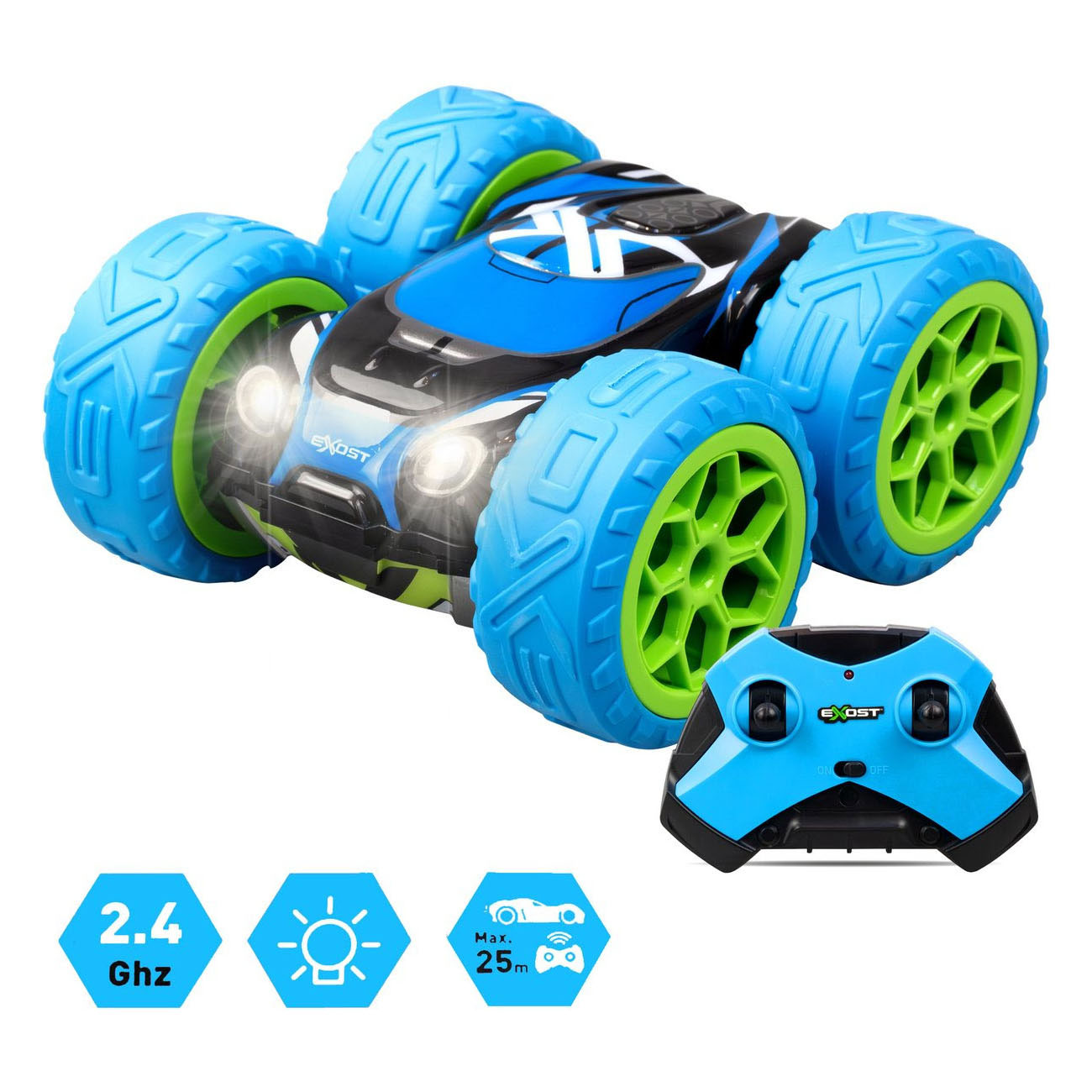 Voiture acrobatique télécommandée Exost RC 360 Cross MX bleue/verte - 12 km/h