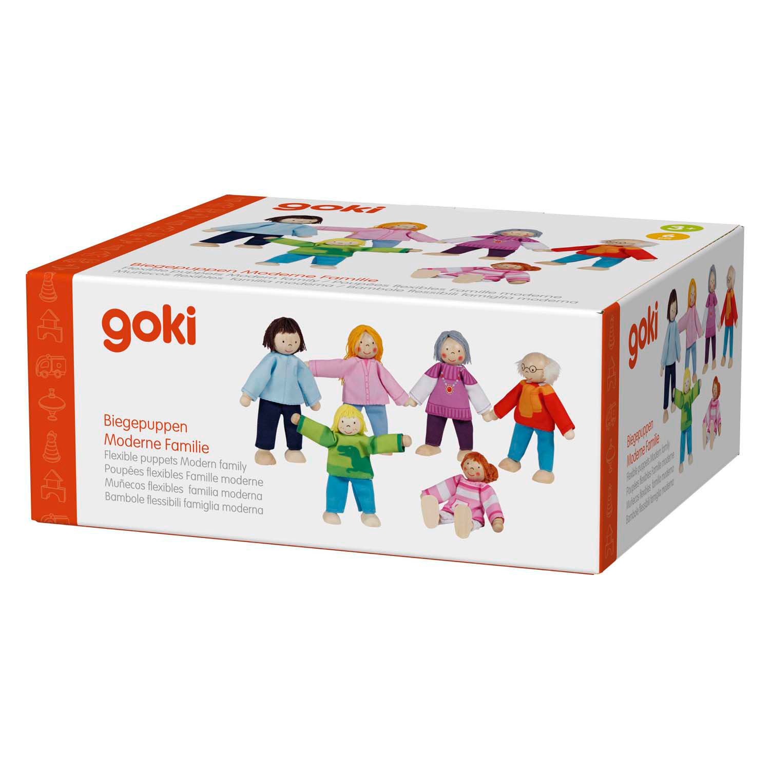 Maison de poupée en bois Goki , poupées flexibles, famille moderne, 6 pièces.