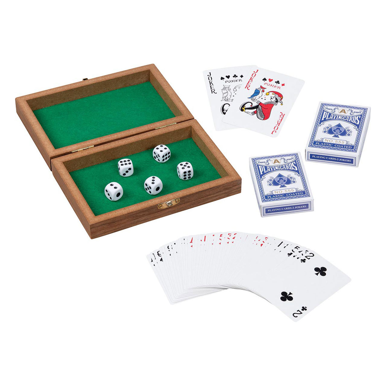 Boîte à cartes à jouer en bois Goki avec 5 dés et 2 jeux de cartes