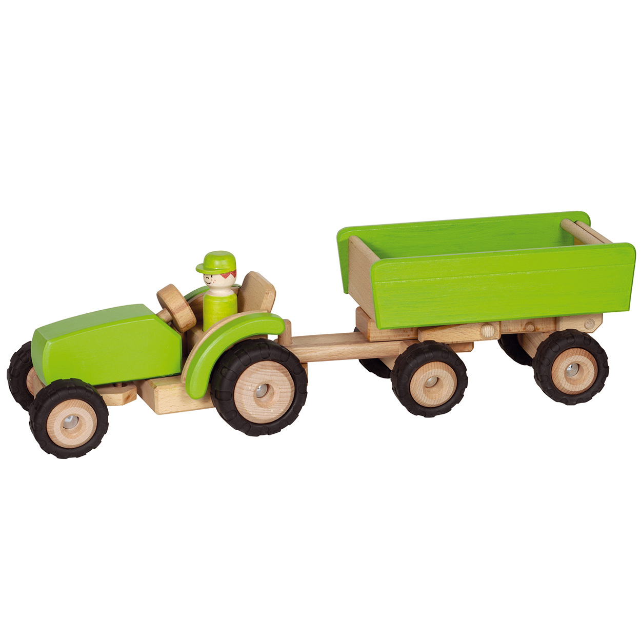 Tracteur en bois Goki vert avec remorque