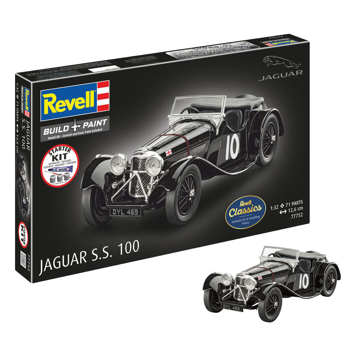 Kit de construction de maquette Revell, kit de démarrage Jaguar SS 100 1:32 - 75 pièces.