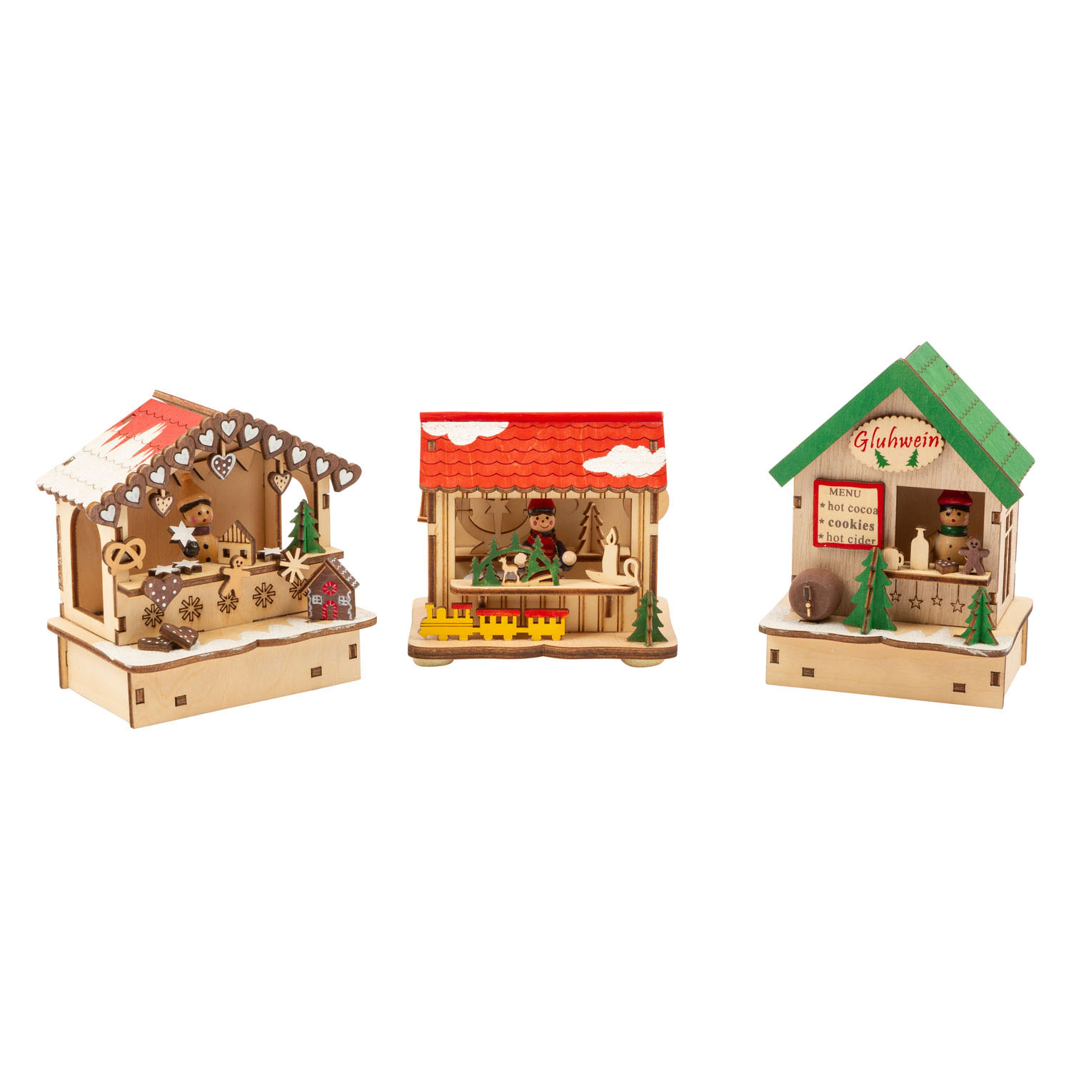 Small Foot - Holzdekoration Weihnachtsmarkt mit Lichtern, 3er-Set