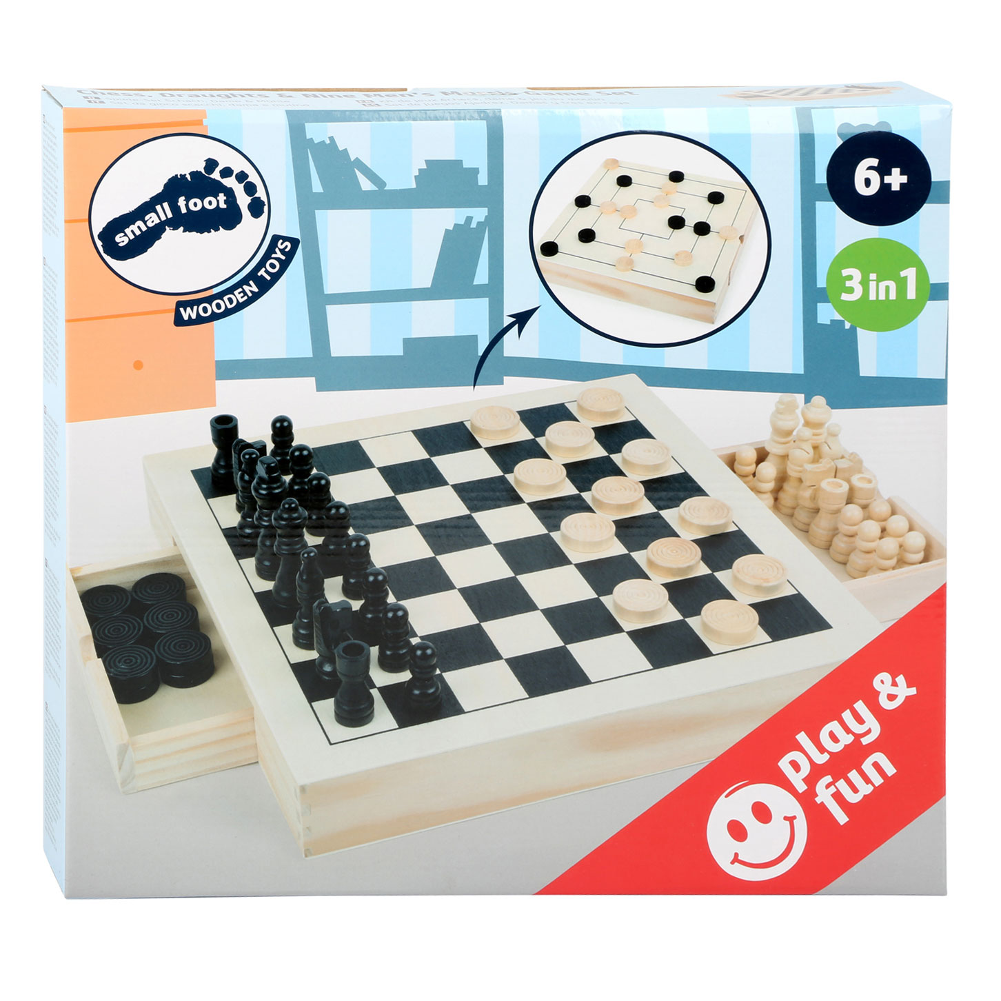 Small Foot - Coffret de jeu 3en1 Chess Checkers Mill