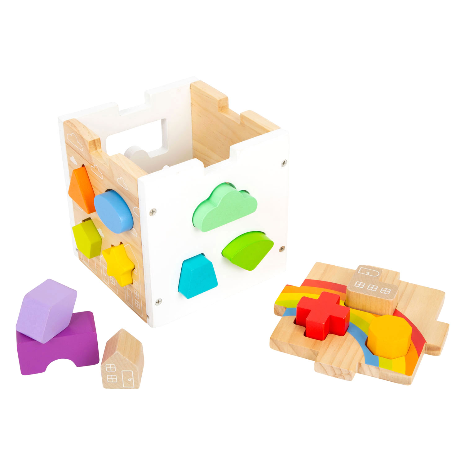 Small Foot - Cube trieur de formes en bois arc-en-ciel,