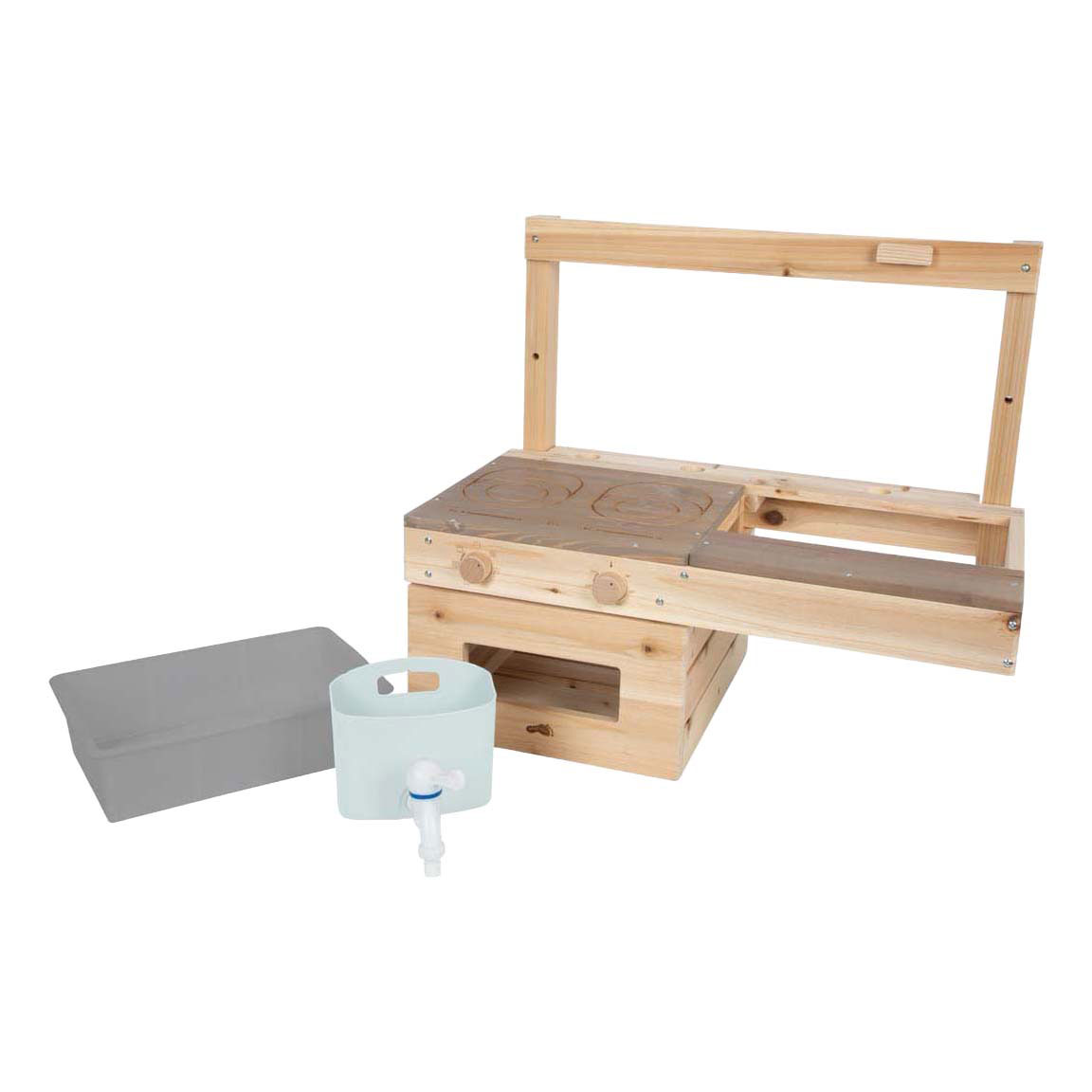 Petite cuisine surélevée en bois et en terre battue