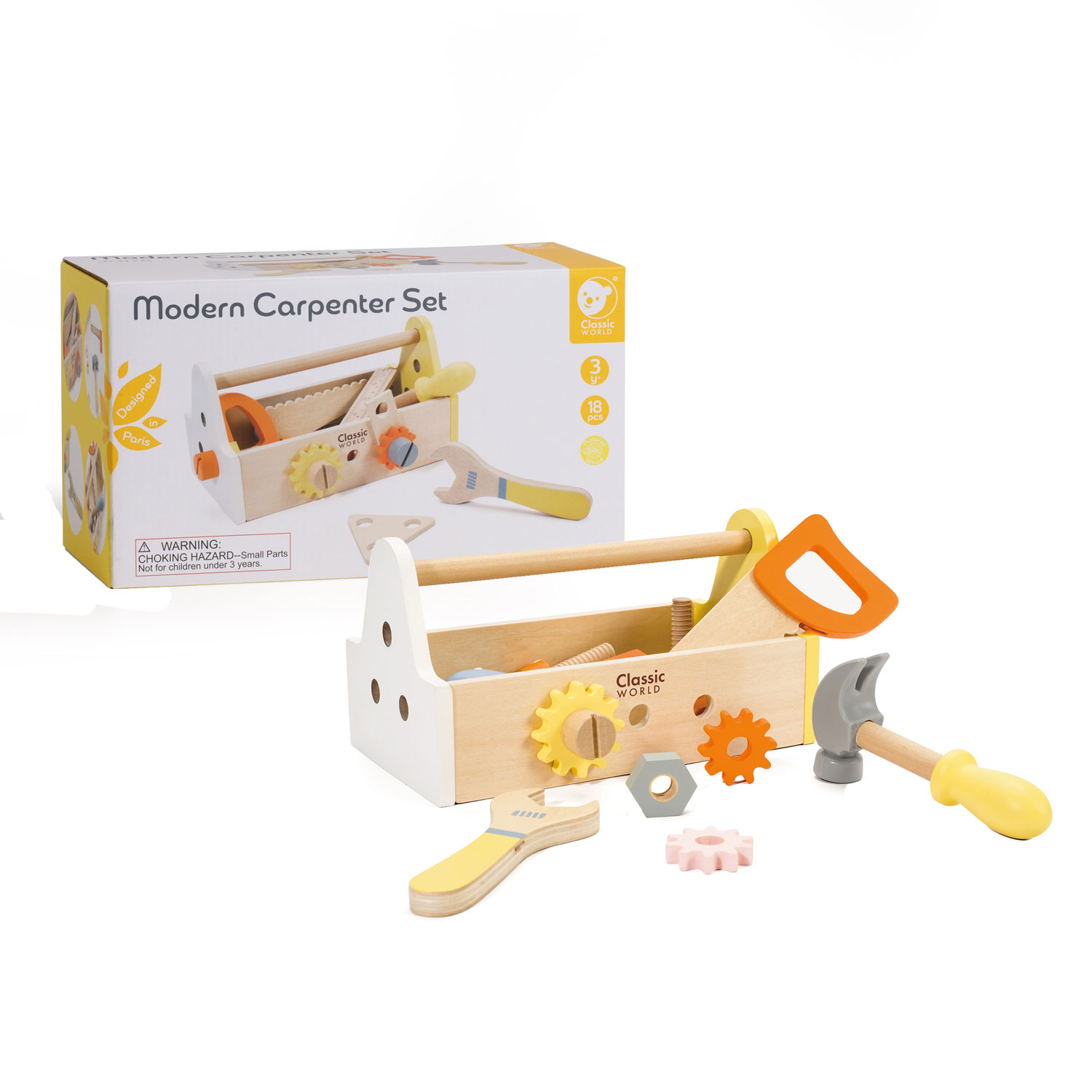 Ensemble de menuisier en bois Classic World avec boîte à outils, 18 pièces.