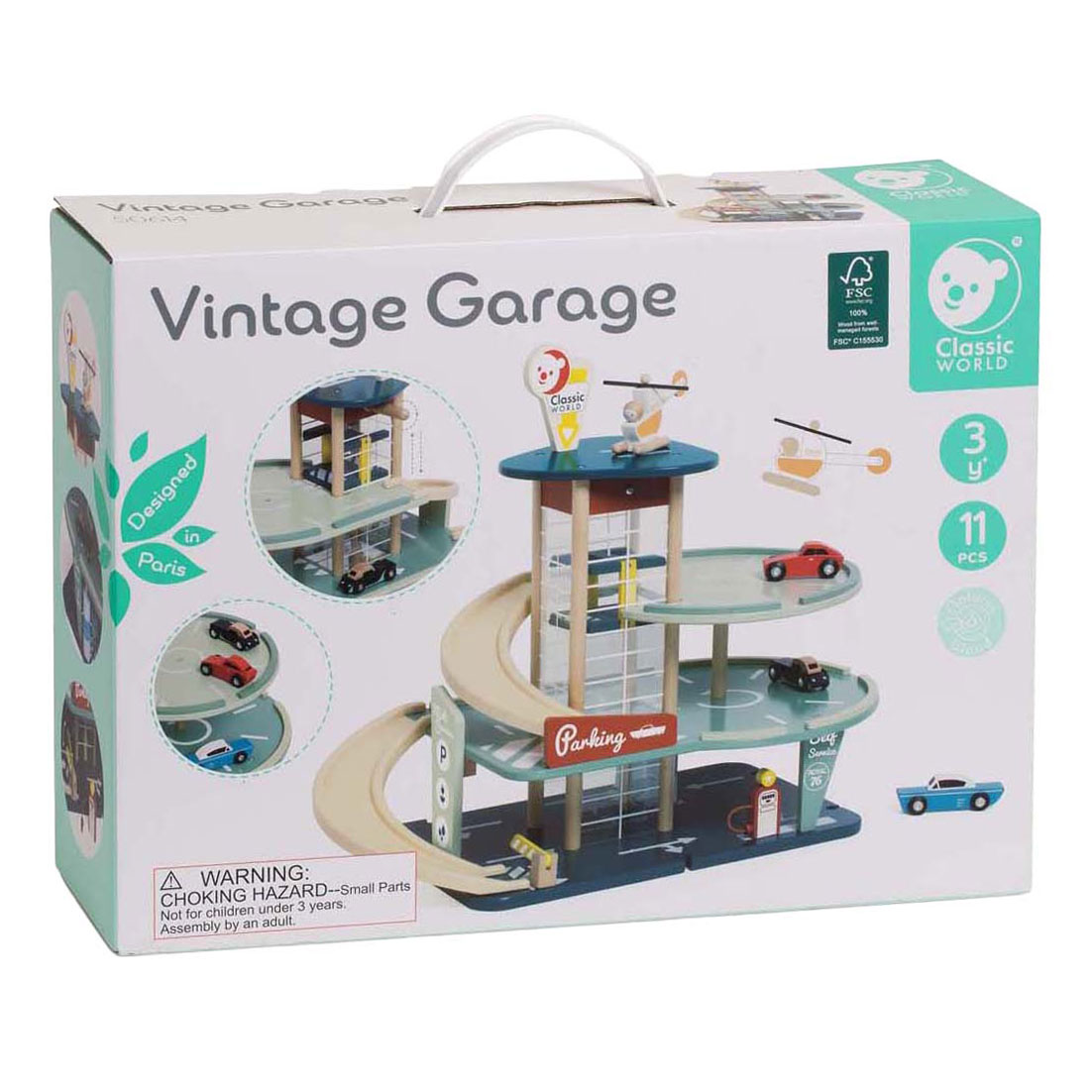 Garage vintage en bois Classic World avec voitures, 11 pièces.