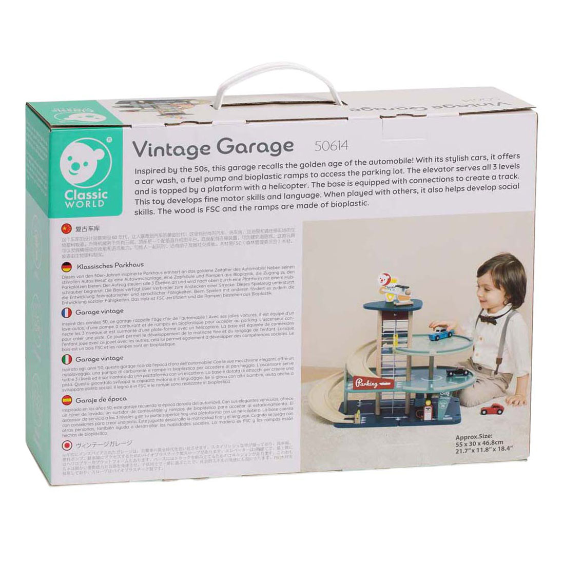 Garage vintage en bois Classic World avec voitures, 11 pièces.