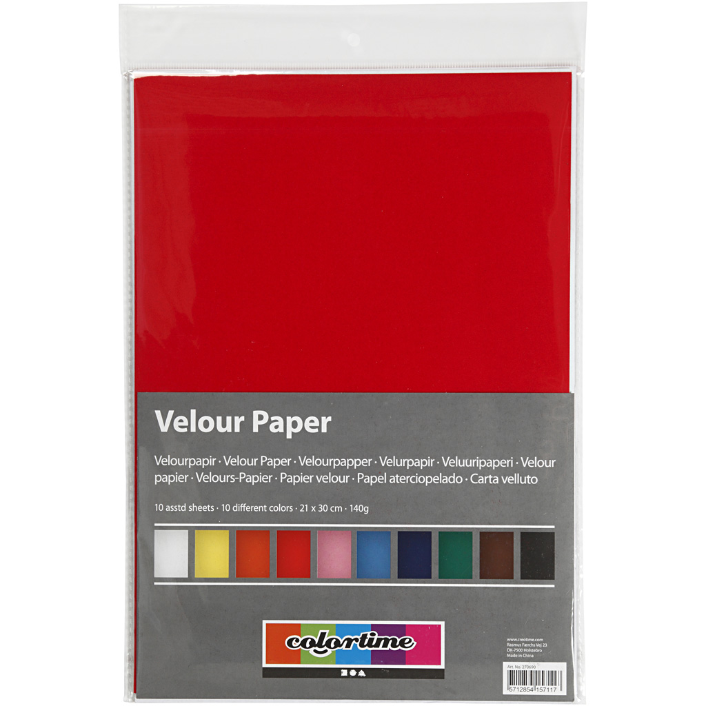 Velour papier, A4 21x30 cm, 140 gr, kleuren assorti, 10vellen