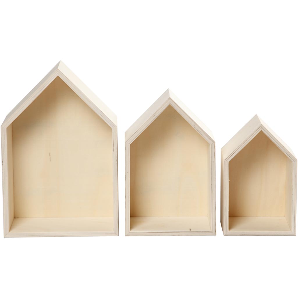 Holzhäuser mit Aufhängehaken, 3 Stück.