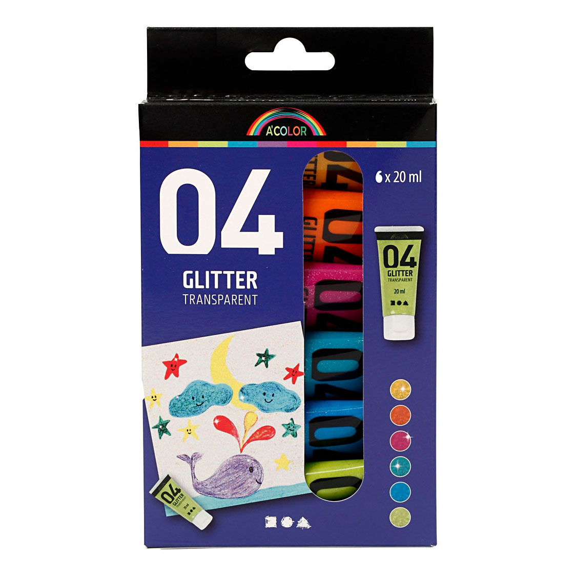 Kinder Acrylverf Glitter Kleur, 6x20ml