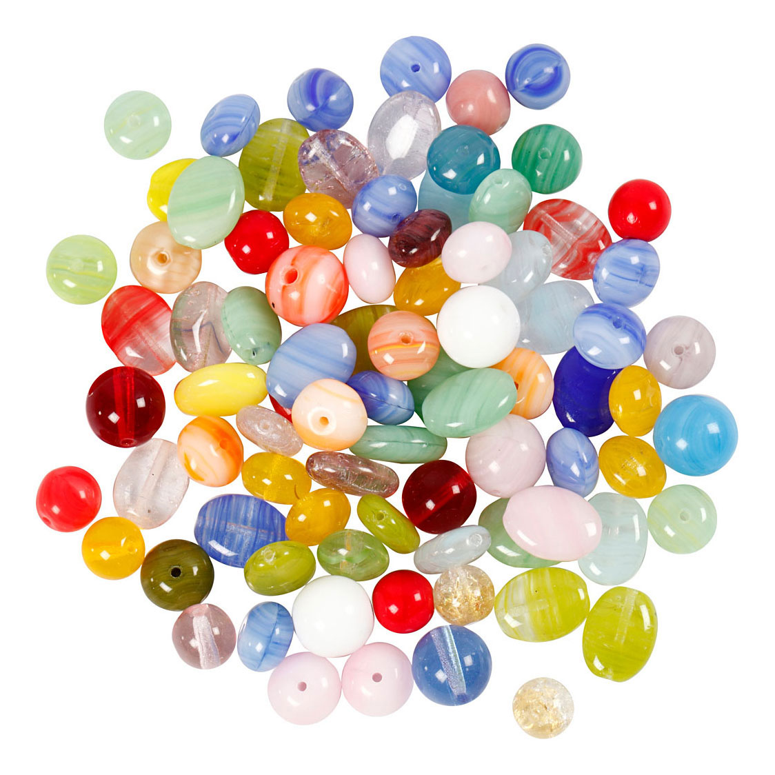 Perles de verre diverses rondes, ovales, circulaires, 60 grammes