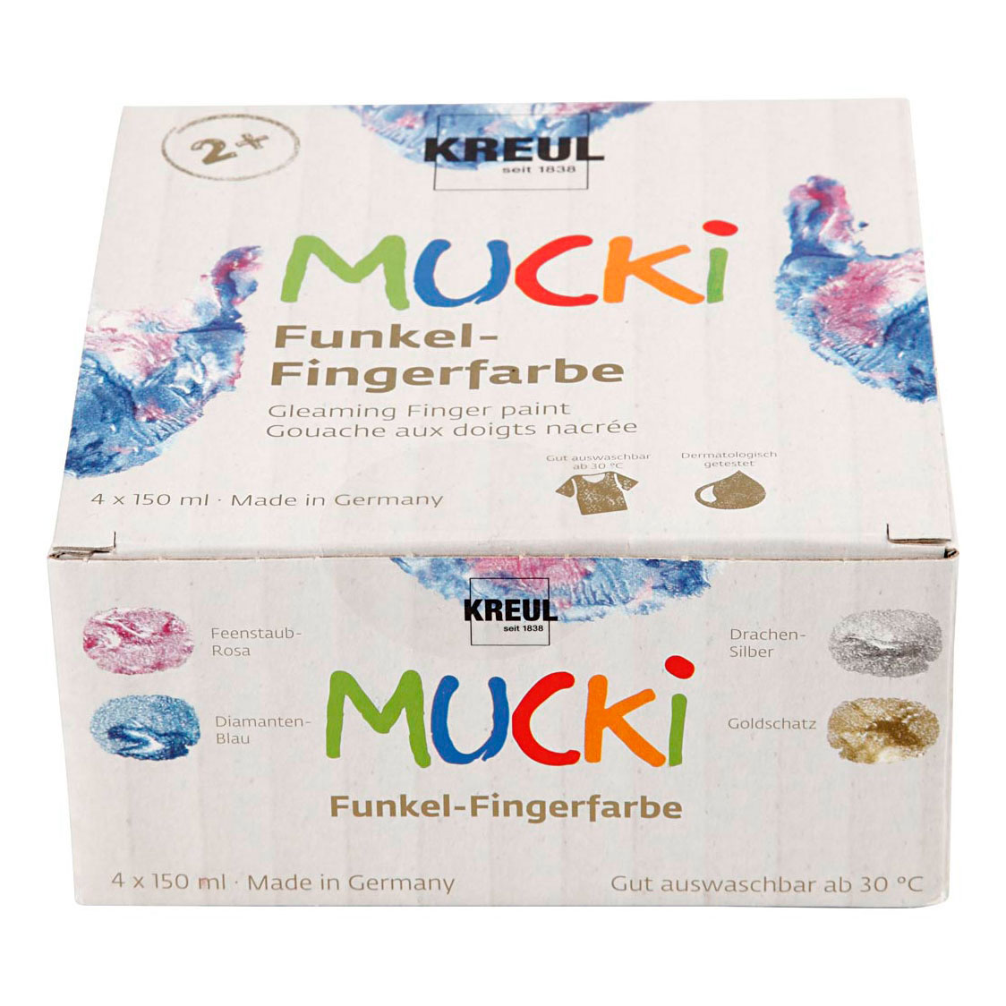 Mucki Fingerfarbe Metallic Blau/Gold/Pink/Silber, 4 Stück.