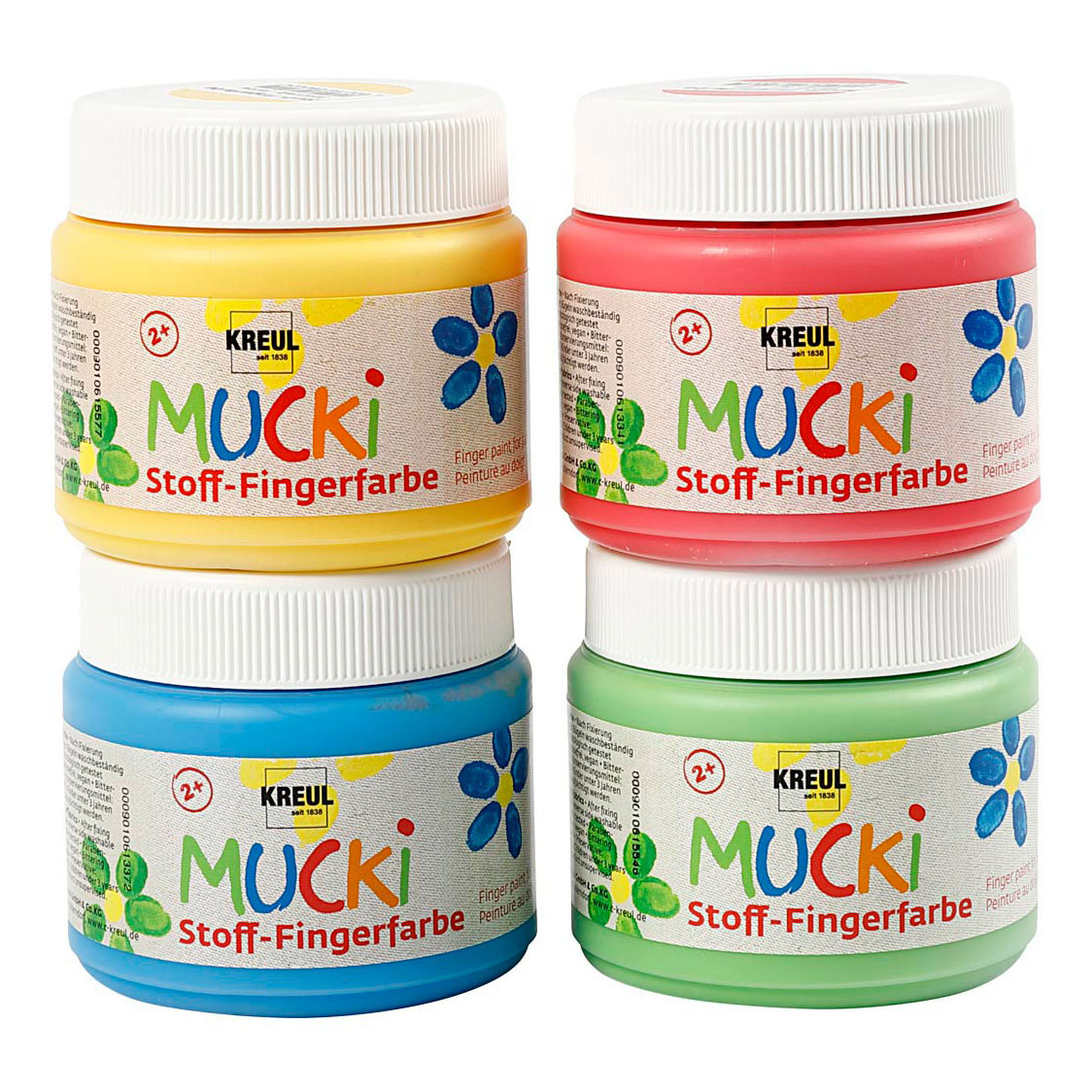 Muck Vingerverf Blauw/Groen/Rood/Geel, 4x150ml