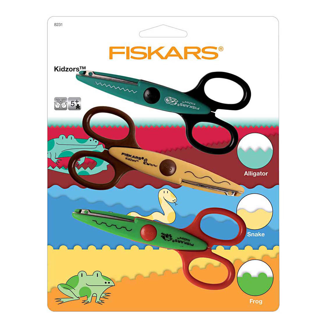 Fiskars Kidzors Zackenschere Krokodil Schlange Kikker- 3 Stück.