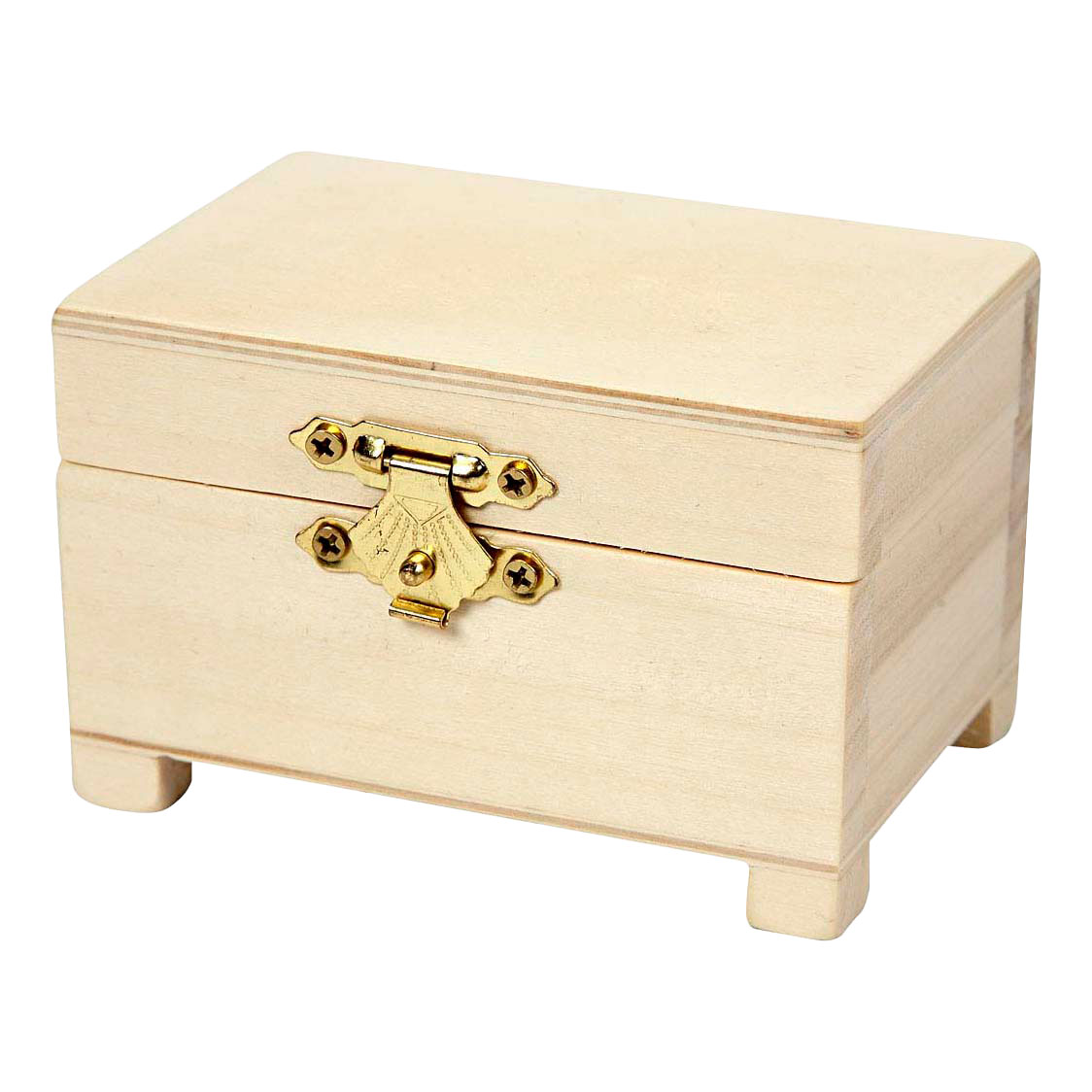 Holzkiste auf Beinen mit Metallschloss