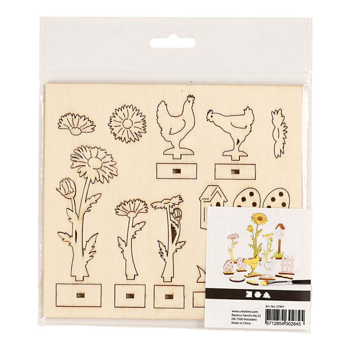 Figurines en bois à faire soi-même : poules, œufs et fleurs