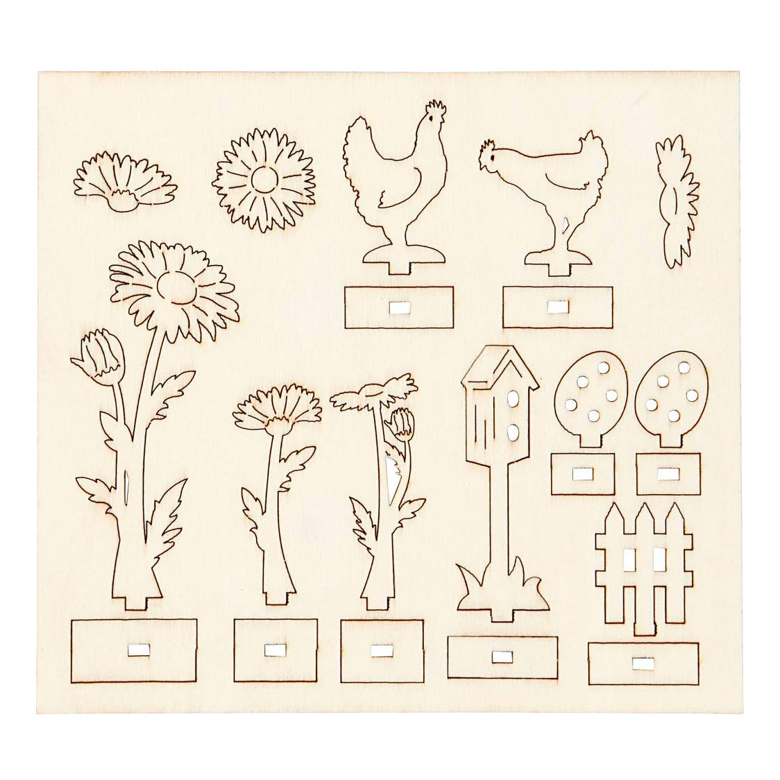 Figurines en bois à faire soi-même : poules, œufs et fleurs