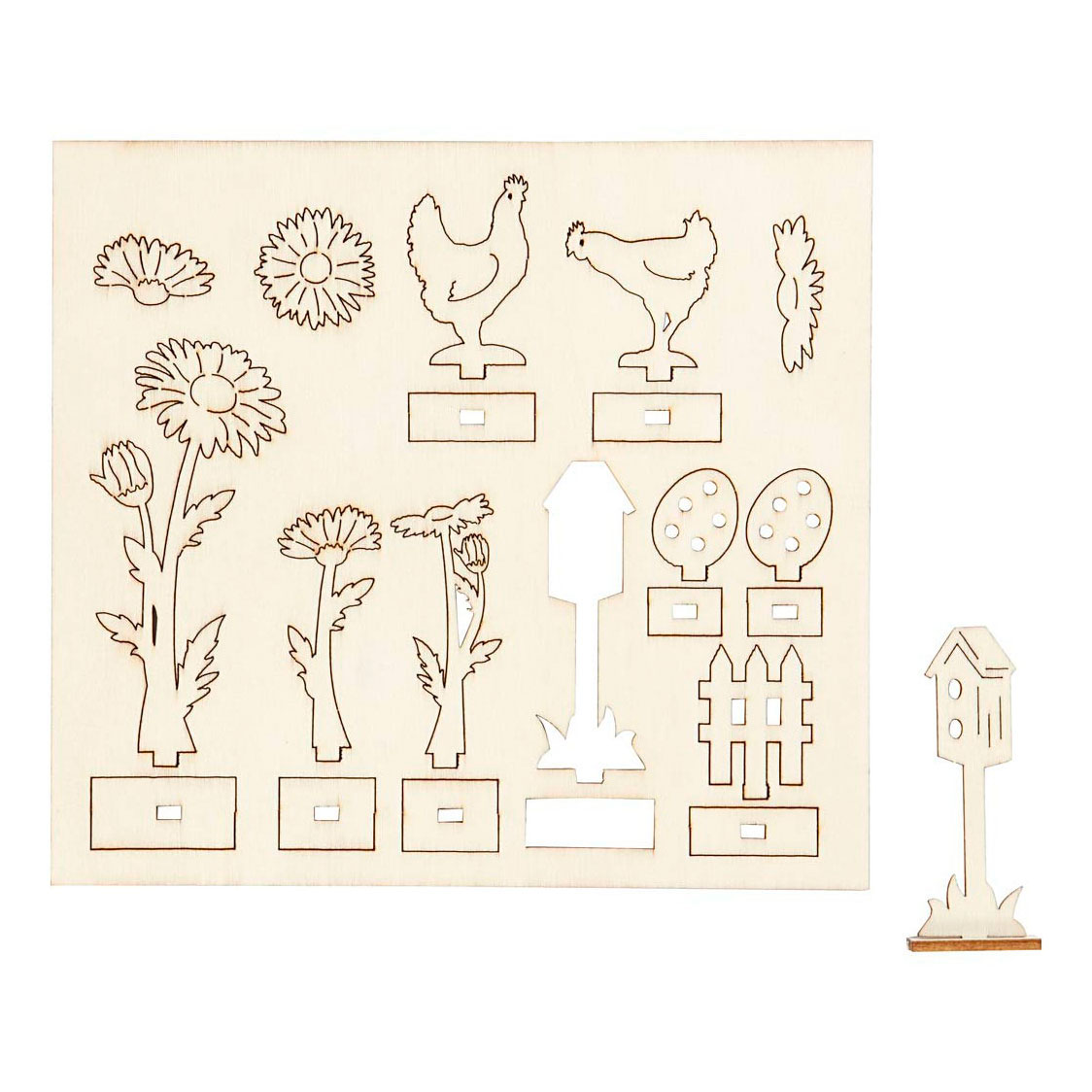 Figurines en bois à faire soi-même : poules, œufs et fleurs