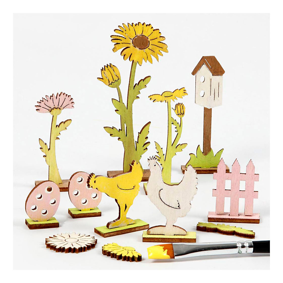 Figurines en bois à faire soi-même : poules, œufs et fleurs