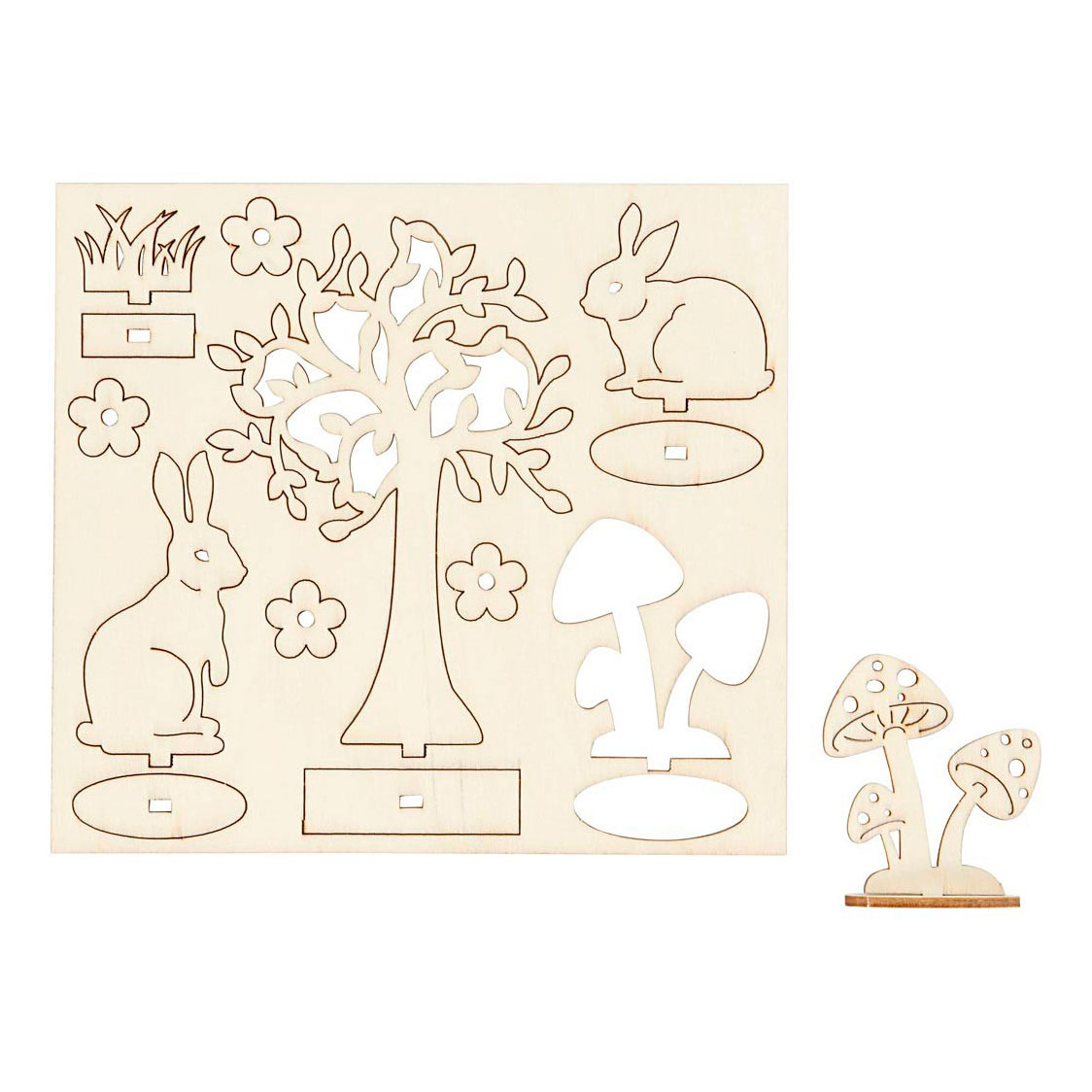 Figurines en bois à faire soi-même : lièvre, arbre et champignons